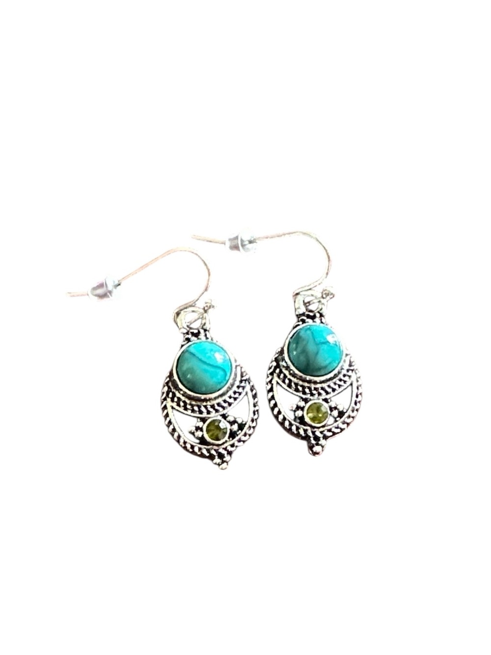 Native American Inspired Turquoise and Silver Mini Geometric Drop Earrings